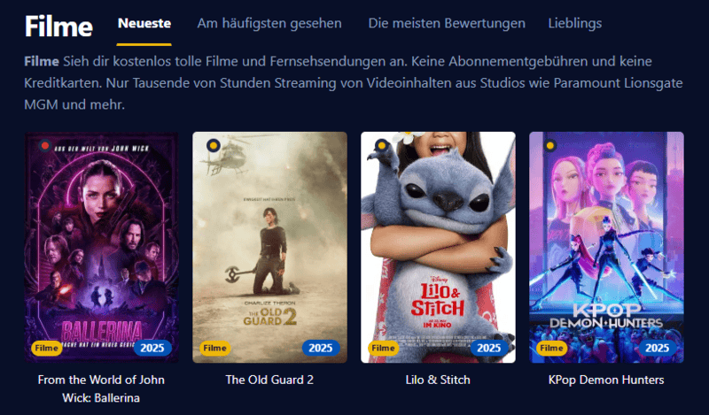 Bildschirmfoto der Filmpalast-Benutzeroberfläche die verschiedene Filmtitel und Serienepisoden anzeigt